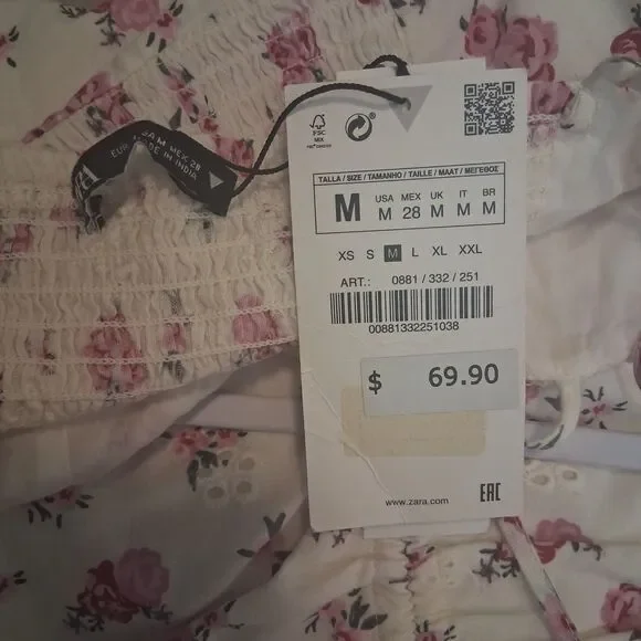 Zara Cottage Pink Floral Dress Eyelet Front Slit Sweetheart Neck - Picture 5 of 8